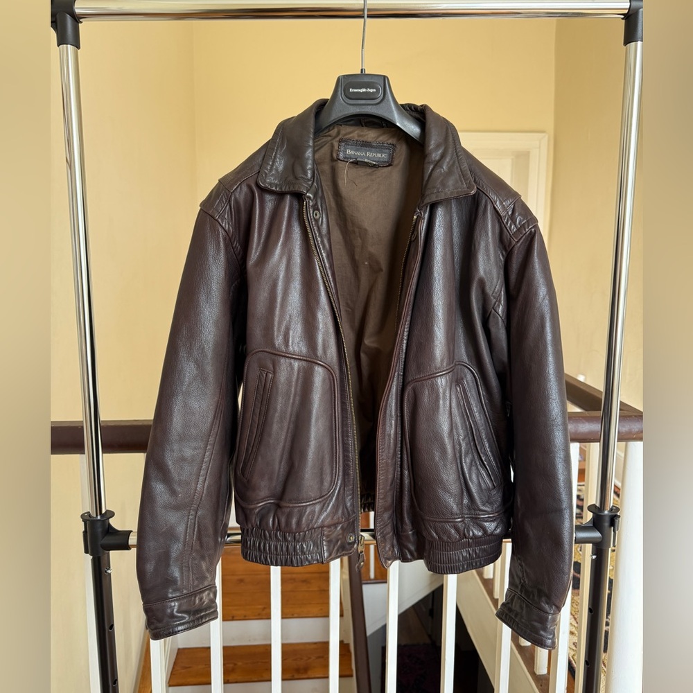Vintage Banana Republic Dark Brown 100% Genuine Leather Bomber Jacket